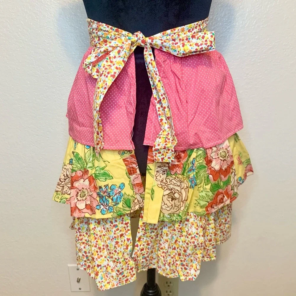 Pier 1 Imports Tiered Ruffle Apron Cottagecore Floral Yellow & Pink